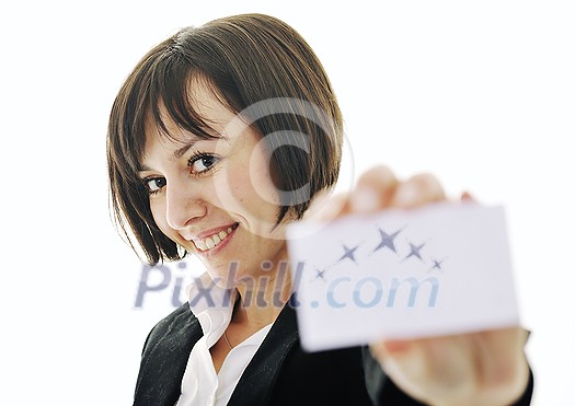 young business woman isolated on white showing and displaying empty business card ready for text young business woman isolated on white showing and displaying empty business card ready for text