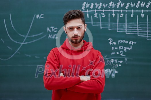 a portrait of a determined student in front of a school board a portrait of a determined student in front of a school board