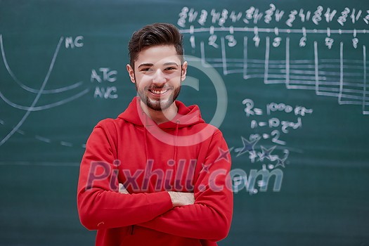 a portrait of a determined student in front of a school board