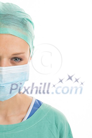 Portrait of a female doctor feeling down, exhausted, frustrated, very tired,.... on white background