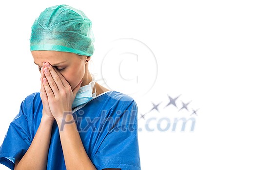 Portrait of a female doctor feeling down, exhausted, frustrated, very tired,.... on white background Portrait of a female doctor feeling down, exhausted, frustrated, very tired,.... on white background