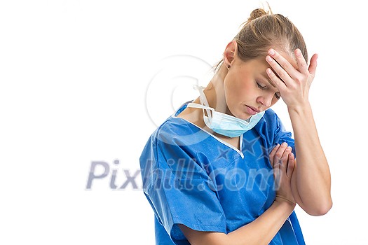 Portrait of a female doctor feeling down, exhausted, frustrated, very tired,.... on white background