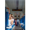 Young woman sitting in the train after a day of work . Train passenger traveling sitting relaxed and enjoying the ride