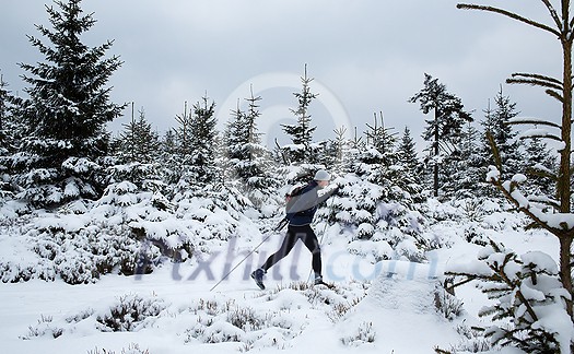 Young man cross-country skiing through snowy alpine landscape (motion blurred image)
