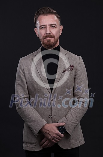 portrait of a stylish elegant businessman looking at camera in photo studio on dark background with hard light. High quality photo portrait of a stylish elegant businessman looking at camera in photo studio on dark background with hard light. High quality photo
