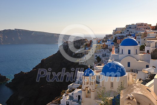 summer vacation on beautiful vulcanic island santorini at greece