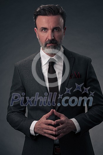 Portrait of a stylish elegant senior businessman with a beard and casual business clothes in photo studio isolated on dark background gesturing with hands. High quality photo Portrait of a stylish elegant senior businessman with a beard and casual business clothes in photo studio isolated on dark background gesturing with hands. High quality photo