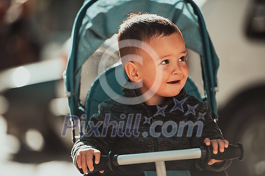 Sweet baby boy tow years old in a stroller bicycle outdoors. Little child in a pram. Infant kid in a pushchair. Spring walks with kids. High quality photo Sweet baby boy tow years old in a stroller bicycle outdoors. Little child in a pram. Infant kid in a pushchair. Spring walks with kids. High quality photo
