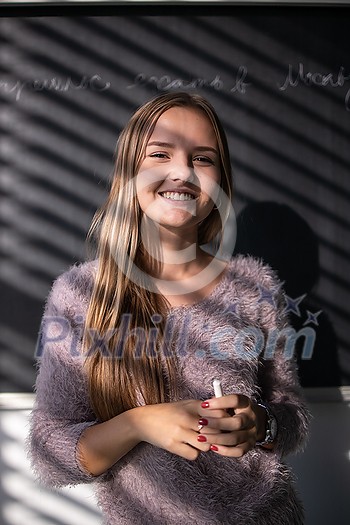 Pretty, young female student/teacher in front of a blackboard during math class Pretty, young female student/teacher in front of a blackboard during math class