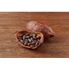 Organic natural pod of cocoa tree filled with brown cocoa beans placed on wooden background