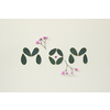 Top view of delicate purple flowers and green leaves placed on white background in shape of the word MOM