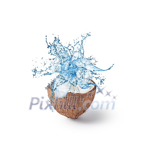 Concept of organic and healthy coconut milk. Half of raw unpeeled organic coconut with flower like splash of blue colored liquid isolated on white background. Concept of organic and healthy coconut milk. Half of raw unpeeled organic coconut with flower like splash of blue colored liquid isolated on white background.