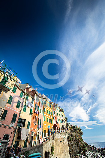 Riomaggiore of Cinque Terre, Italy - Traditional fishing village in La Spezia, situate in coastline of Liguria of Italy. Riomaggiore is one of the five Cinque Terre travel attractions.