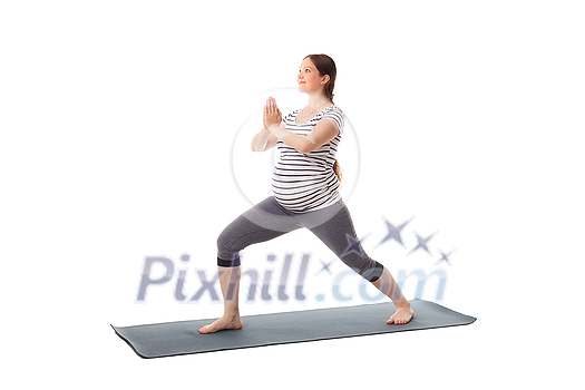 Pregnancy yoga exercise - pregnant woman doing asana virabhadrasana 1 - warrior pose isolated on white background Pregnancy yoga exercise - pregnant woman doing asana virabhadrasana 1 - warrior pose isolated on white background