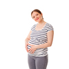 Pregnant smiling woman standing embracing her belly isolated on white background
