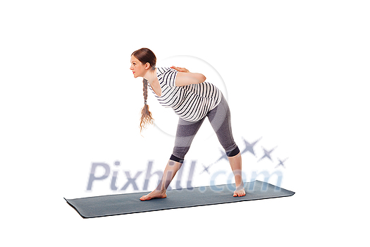 Pregnancy yoga exercise - pregnant woman doing yoga asana parsvottanasana Intense Side Stretch pose isolated on white background Pregnancy yoga exercise - pregnant woman doing yoga asana parsvottanasana Intense Side Stretch pose isolated on white background