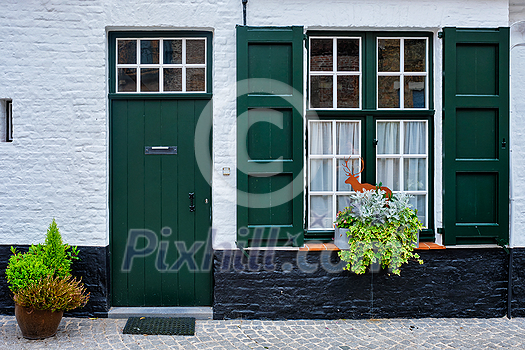 Door and window of an old house, Bruges (Brugge), Belgium