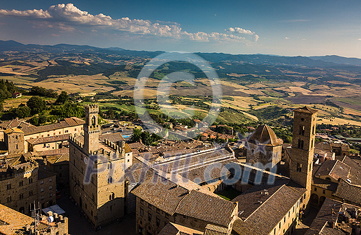 Spectacular aerial view of the old town of Volterra in Tuscany, Italy