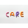 Care word formed of colored plasticine on white backdrop.
