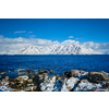 Lofoten islands and Norwegian sea in winter with snow covered mountains. Lofoten islands, Norway