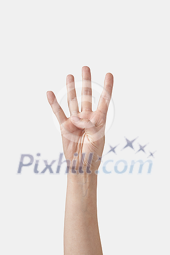 Numeric count on fingers, male hand in vertical position with 4, four, fourth finger sticking out isolated on white background. Counting fingers concept. Numeric count on fingers, male hand in vertical position with 4, four, fourth finger sticking out isolated on white background. Counting fingers concept.