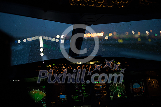 Pilot's hand accelerating on the throttle in  a commercial airliner airplane flight cockpit during takeoff