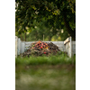 Food waste in compost pit on private garden. Rotting organic waste for compost. Outdoor.