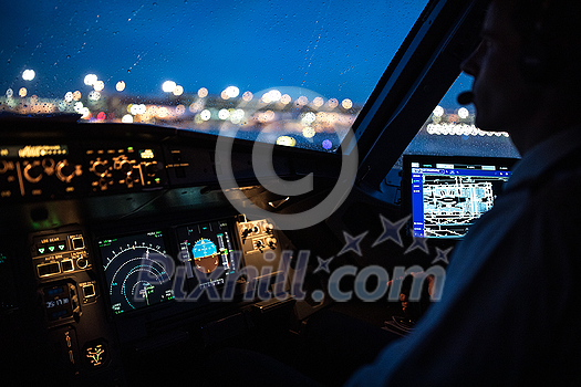 Commercial airliner airplane flight cockpit during takeoff