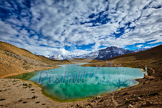 Dhankar mountain lake in Himalayas. Dhankar, Spiti valley, Himachal Pradesh, India