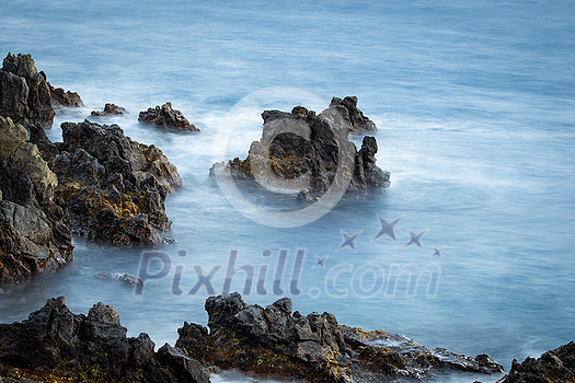 Crashing waves on rocks landscape nature view and Beautiful tropical sea with Sea coast view in summer season