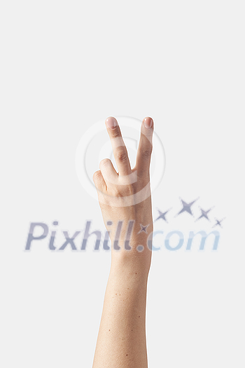 The outer hand sign language finger alphabet V letter, count on fingers, female hand with 5, five, fifth number, victory isolated on white background. Counting one to five fingers concept.