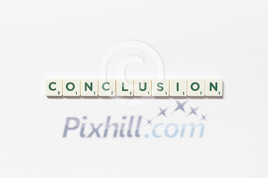 Conclusion word formed of scrabble tiles on white background. Minimal business design with creative lettering.