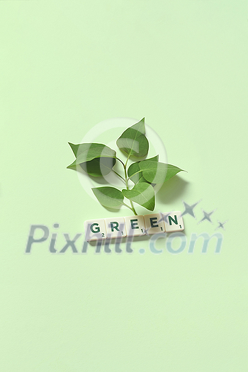 Green word formed of scrabble tiles with fresh tree leaves on light green background. Green energy and ecology concept with spring mood. Green word formed of scrabble tiles with fresh tree leaves on light green background. Green energy and ecology concept with spring mood.