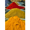 Turmeric curcuma powder and chili powder in spices market in India. Sardar Market, Jodhpur, Rajasthan, India