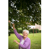 Elderly woman collects healing linden flowers (shallow DOF)