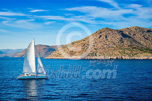 Catamaran yacht in Aegean Sea Mediterranean Sea, Greece Catamaran yacht in Aegean Sea Mediterranean Sea, Greece