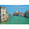 View of Venice Grand Canal with boats and Santa Maria della Salute church in the day from Ponte dell'Accademia bridge. Venice, Italy