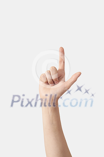 Inner palm with fingers pointing up, finger alphabet in sign language L letter, female hand in vertical position isolated on white background. Inner palm with fingers pointing up, finger alphabet in sign language L letter, female hand in vertical position isolated on white background.