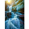 Tropical waterfall with sun rays. With lens flare and light leak