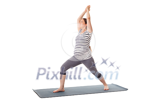 Pregnancy yoga exercise - pregnant woman doing asana virabhadrasana 1 - warrior pose isolated on white background Pregnancy yoga exercise - pregnant woman doing asana virabhadrasana 1 - warrior pose isolated on white background