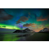 Aurora borealis northern lights on Skagsanden beach. Lofoten Islands, Norway