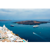 View of Fira Greek town with traditional white houses on Santorini island with cruise ships in sea. Santorini, Greece. Toy camera tilt shift miniature effect