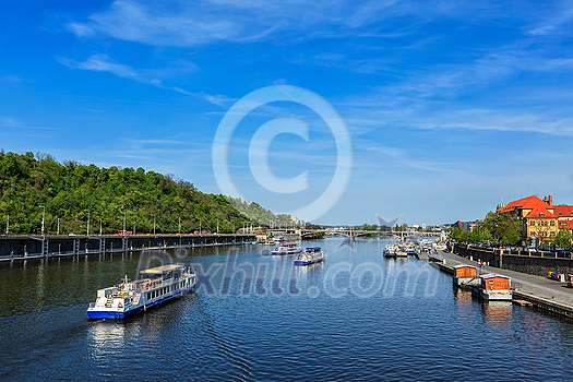View of Vltava river and boats. Prague, Czech Republic View of Vltava river and boats. Prague, Czech Republic