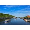 View of Vltava river and boats. Prague, Czech Republic