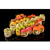 Fresh Sushi rolls set served on black background. Japanese seafood sushi.