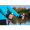 Nordic walking exercise adventure hiking concept - closeup of woman's hand holding nordic walking poles