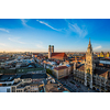 Aerial view of Munich - Marienplatz, Neues Rathaus and Frauenkirche from St. Peter's church on sunset. Munich, Germany