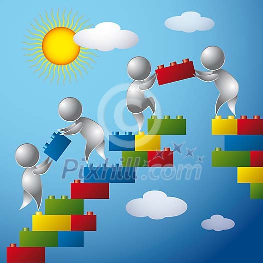 Vector image of man shapes building a structure of legos Vector image of man shapes building a structure of legos