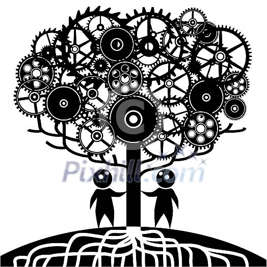 Vector image of a tree made of gears and two men shape