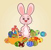 Cute easter bunny with a lots of colorful Easter eggs